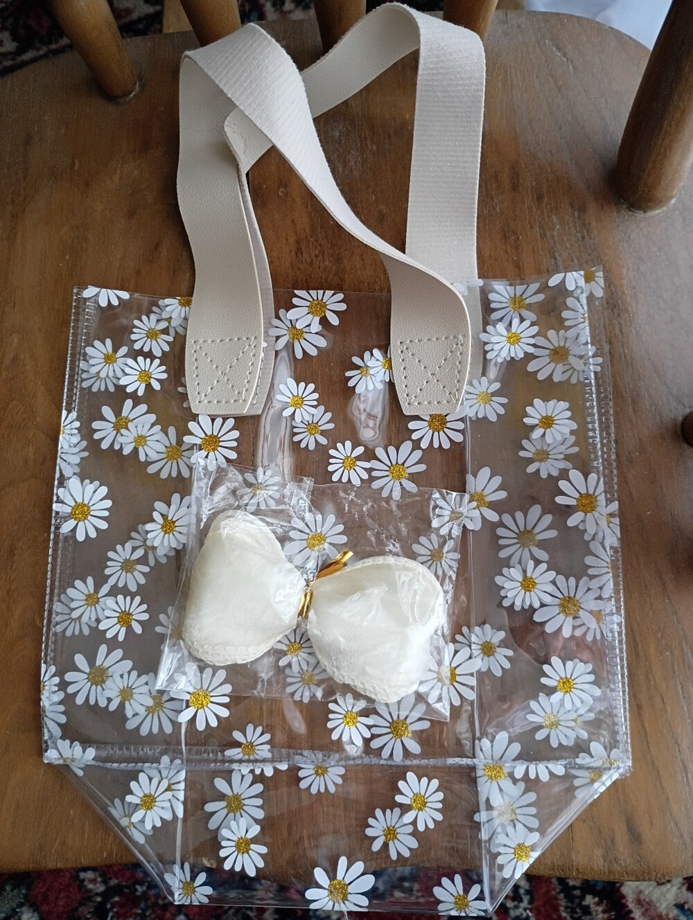 Daisy Bag Transparent Plastic Storage, Shopping W/Handles And Bow
